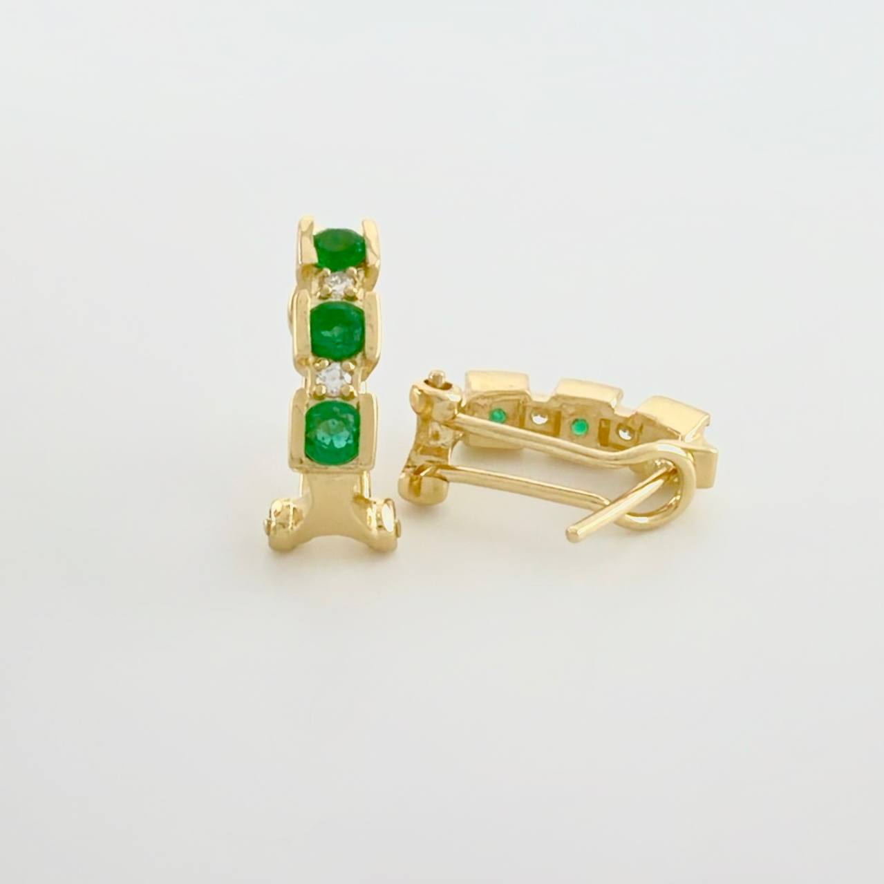 Hoop Earrings Omega Trio Diamonds 6pts Emeralds 55pts 3.85g / 1/2 in 18K Yellow Gold