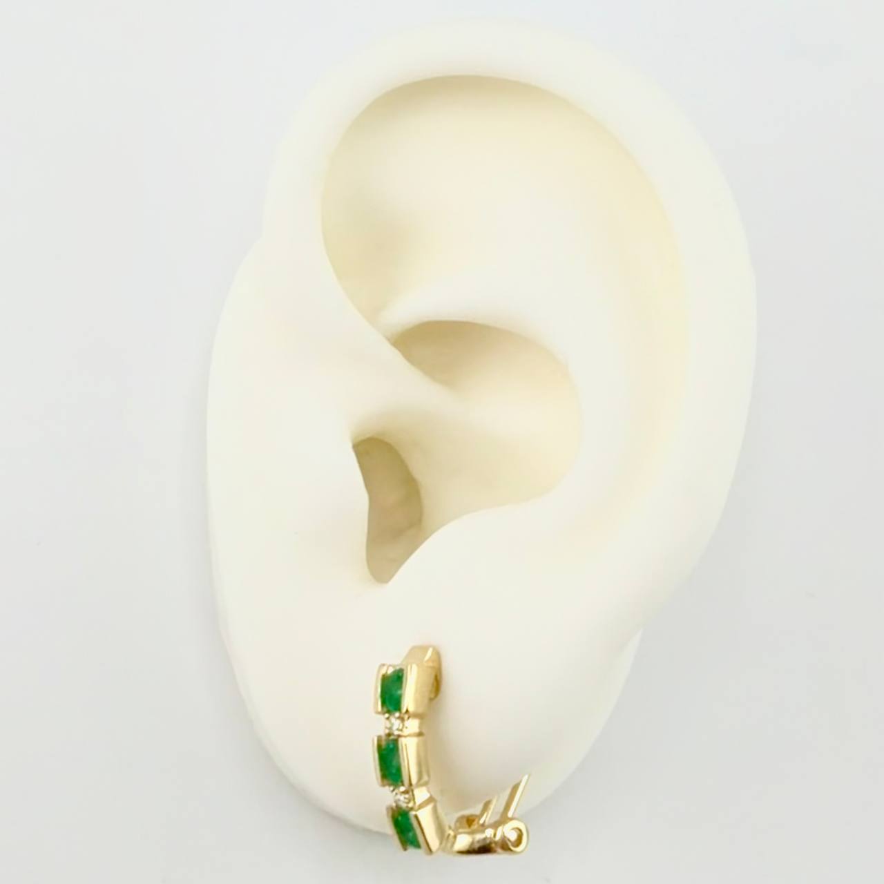 Hoop Earrings Omega Trio Diamonds 6pts Emeralds 55pts 3.85g / 1/2 in 18K Yellow Gold