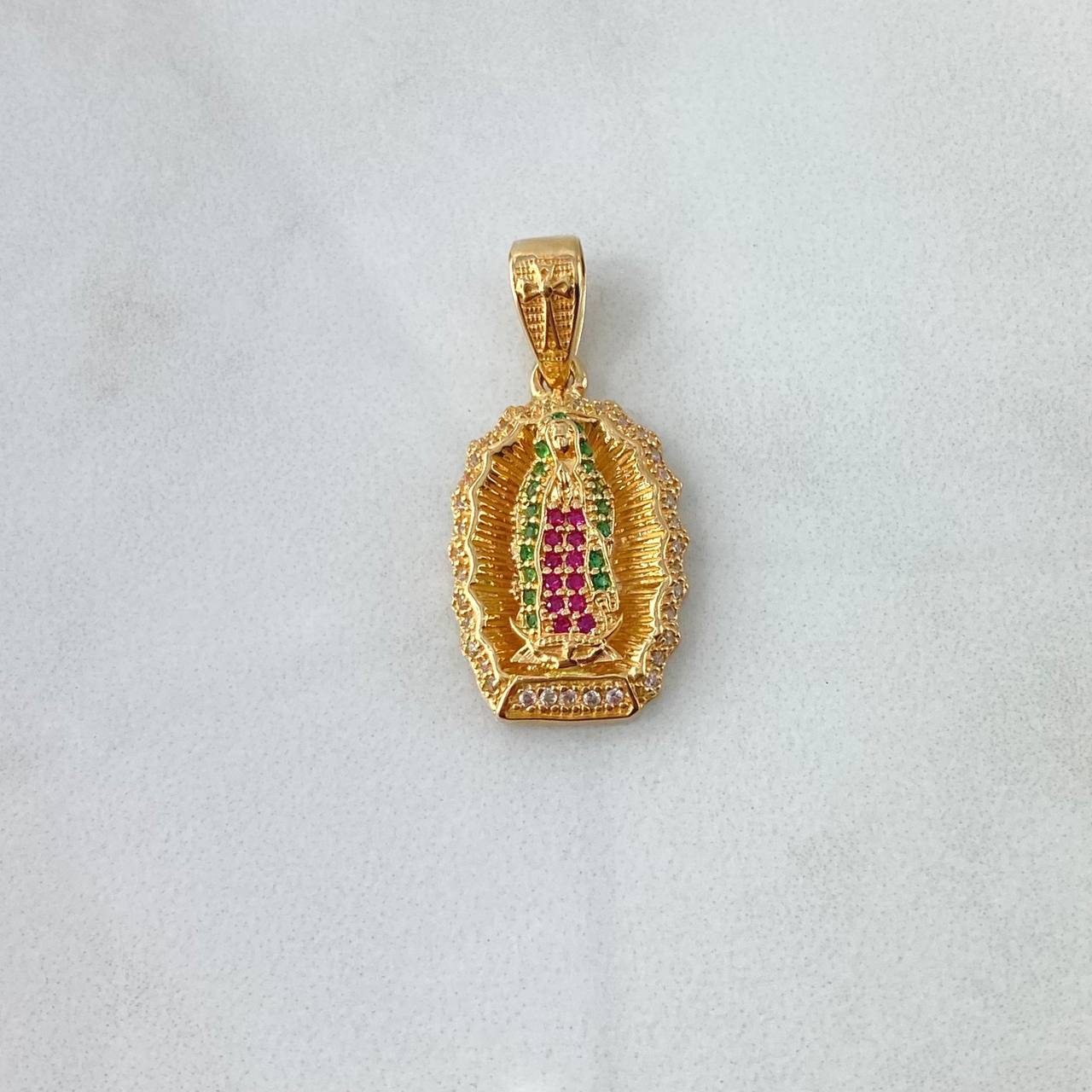 Pendant Virgin Guadalupe Frame 3.9gr / 3cm / Silhouette White Green Fuchsia Zircons 18K Yellow Gold
