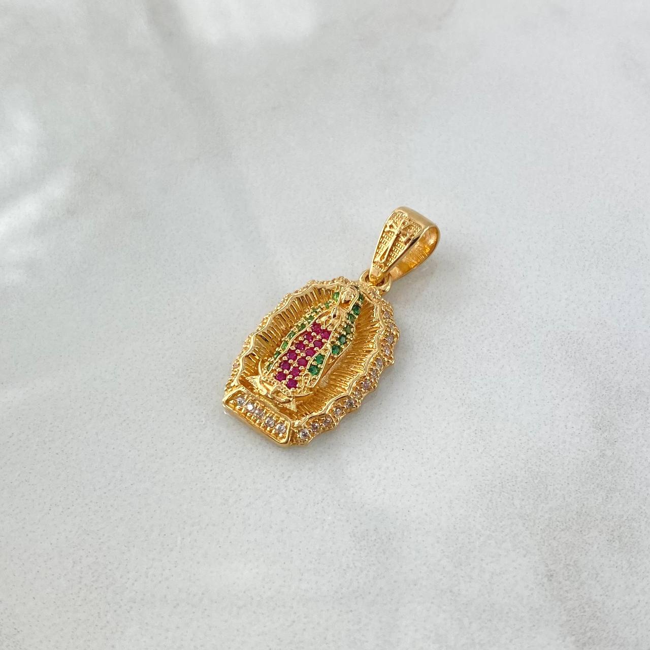 Pendant Virgin Guadalupe Frame 3.9gr / 3cm / Silhouette White Green Fuchsia Zircons 18K Yellow Gold