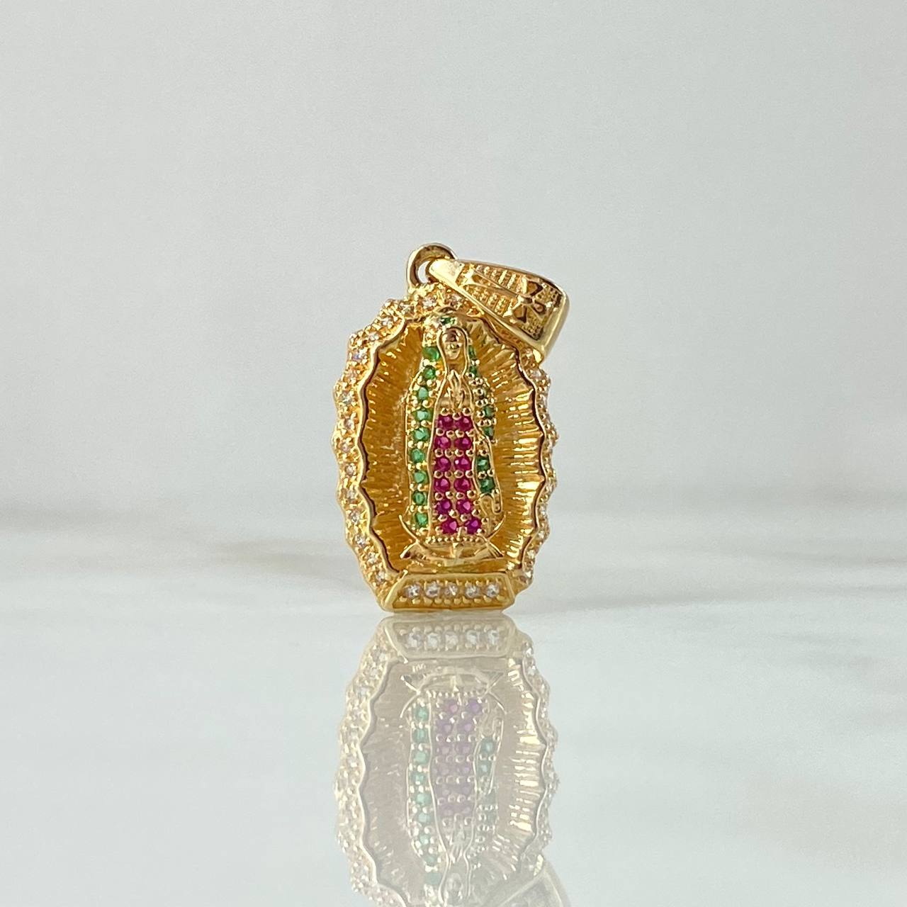 Pendant Virgin Guadalupe Frame 3.9gr / 3cm / Silhouette White Green Fuchsia Zircons 18K Yellow Gold