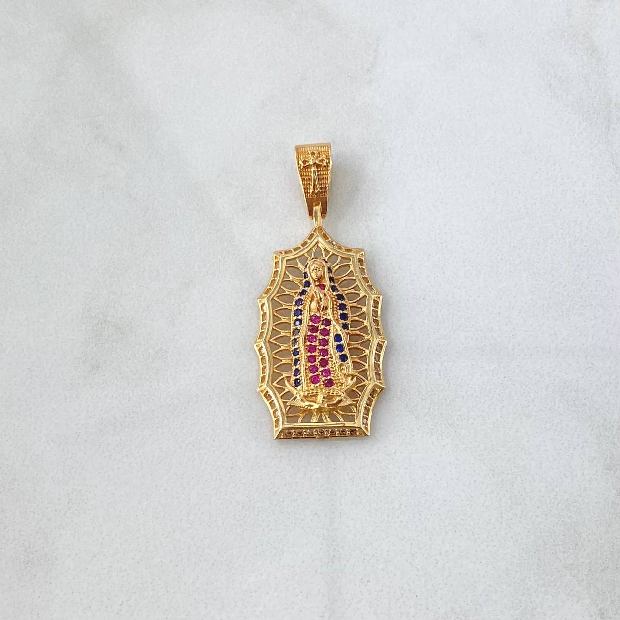 Pendant Virgin Guadalupe Filigree 4.7gr / 3.7cm / White, Royal Blue, Fuchsia Zircons 18K Yellow Gold