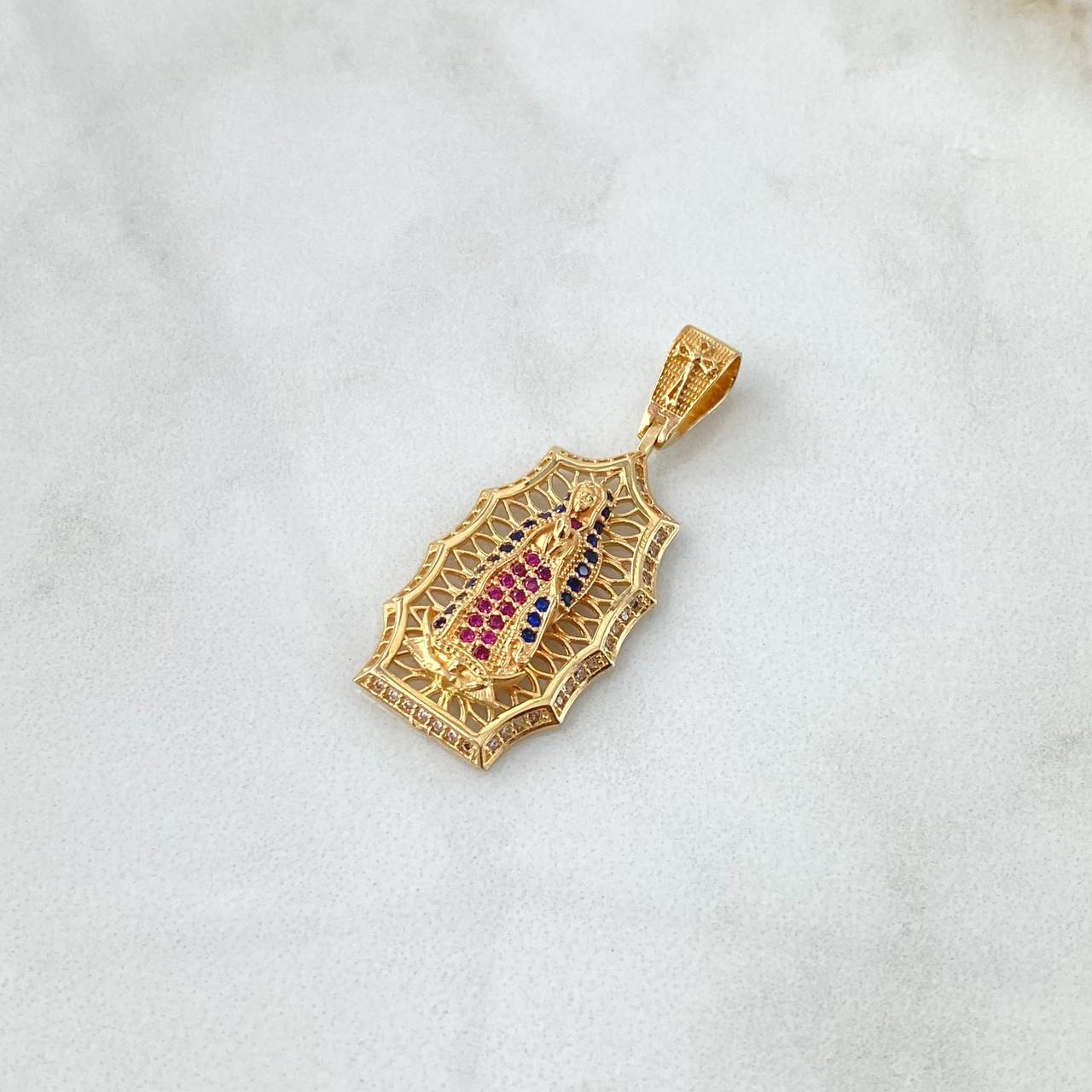 Pendant Virgin Guadalupe Filigree 4.7gr / 3.7cm / White, Royal Blue, Fuchsia Zircons 18K Yellow Gold