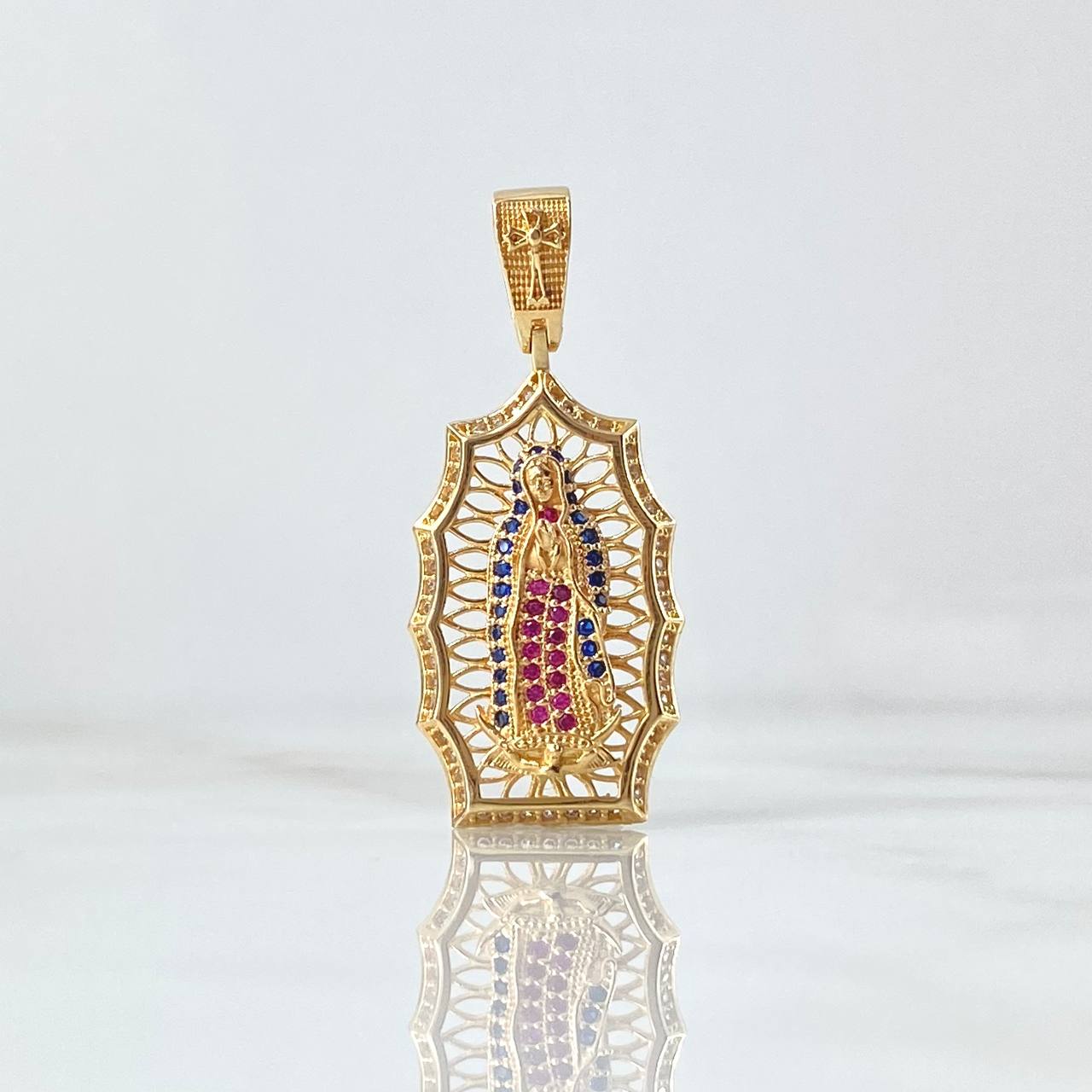 Pendant Virgin Guadalupe Filigree 4.7gr / 3.7cm / White, Royal Blue, Fuchsia Zircons 18K Yellow Gold