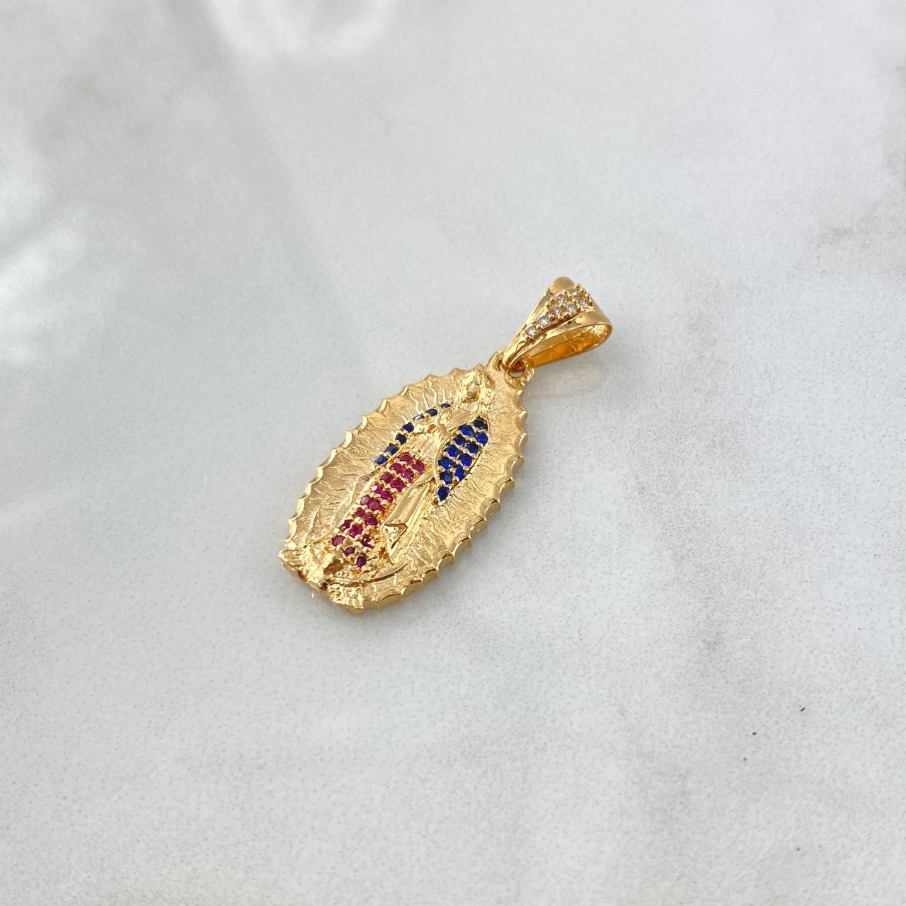 Pendant Virgin Guadalupe Silhouette 4gr / 3.3cm / White Zircons Royal Blue Fuchsias 18K Yellow Gold