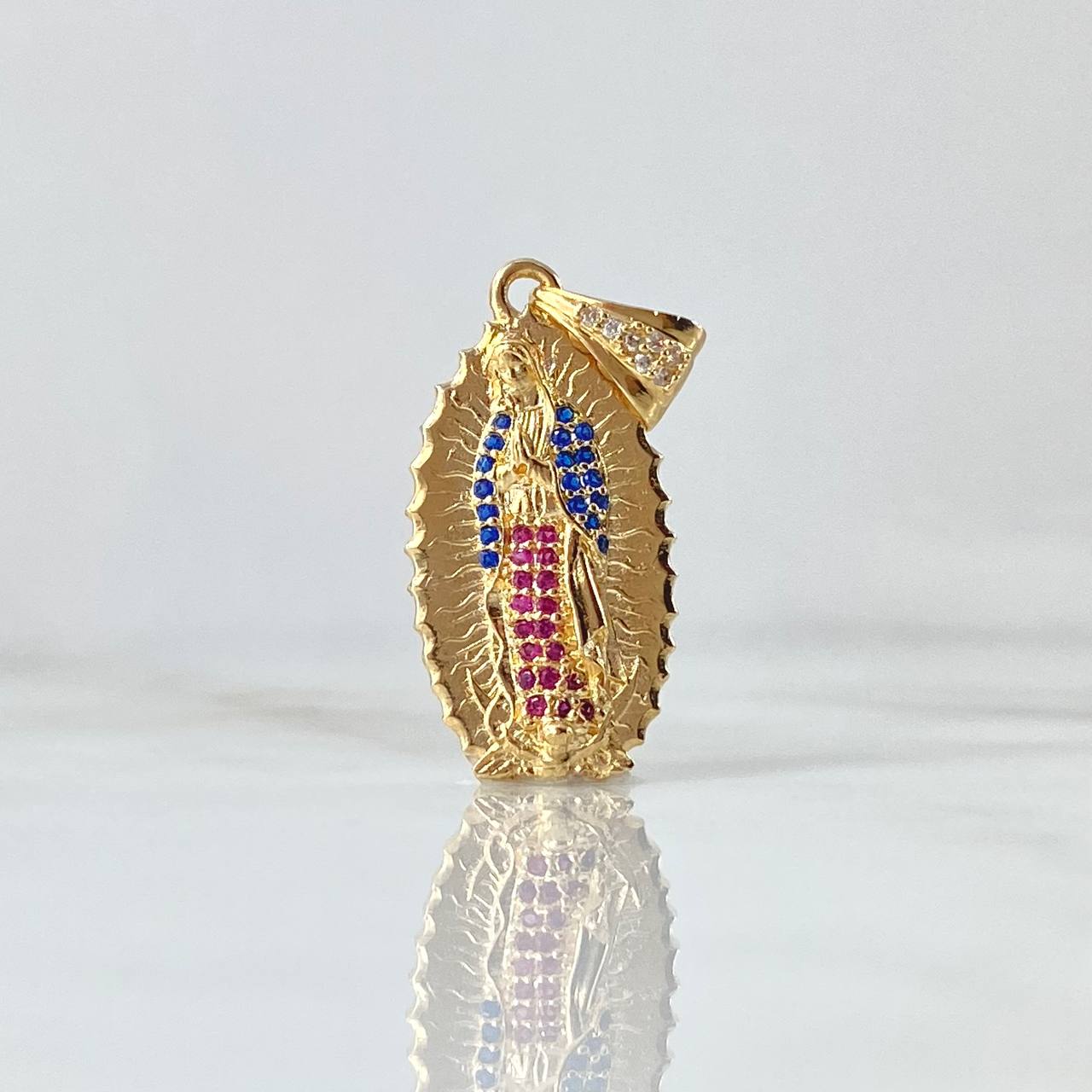 Pendant Virgin Guadalupe Silhouette 4gr / 3.3cm / White Zircons Royal Blue Fuchsias 18K Yellow Gold