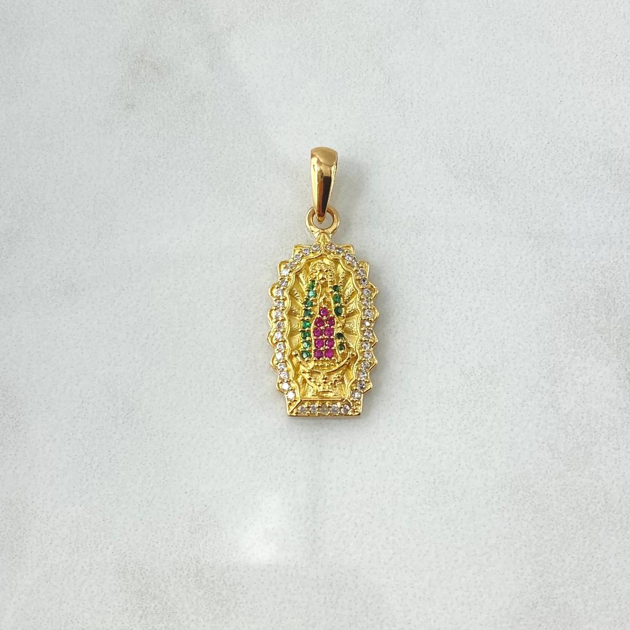 Pendant Virgin Guadalupe Double Silhouette 3.5gr / 3.1cm / White Green Fuchsia Zircons 18K Yellow Gold