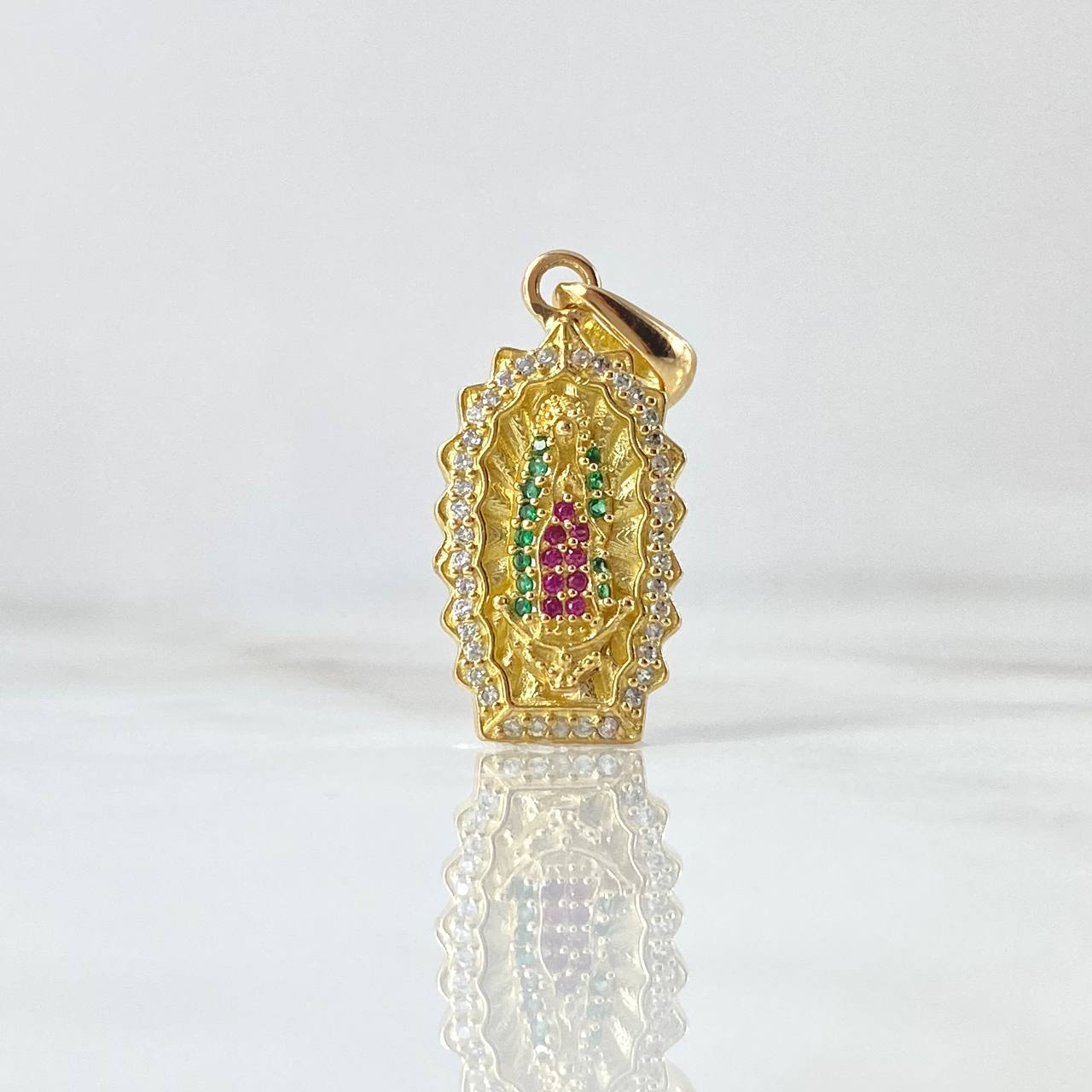Pendant Virgin Guadalupe Double Silhouette 3.5gr / 3.1cm / White Green Fuchsia Zircons 18K Yellow Gold