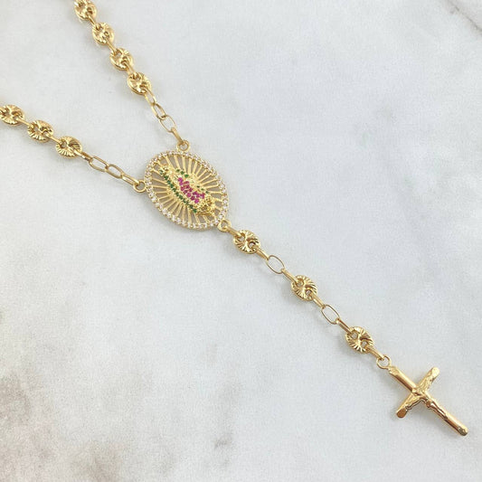 Rosario GC Virgen De Guadalupe 15.65gr / 58cm / 5mm Cruz Cristo Puntas Planas Bolas Diamantadas Oro Amarillo 18K