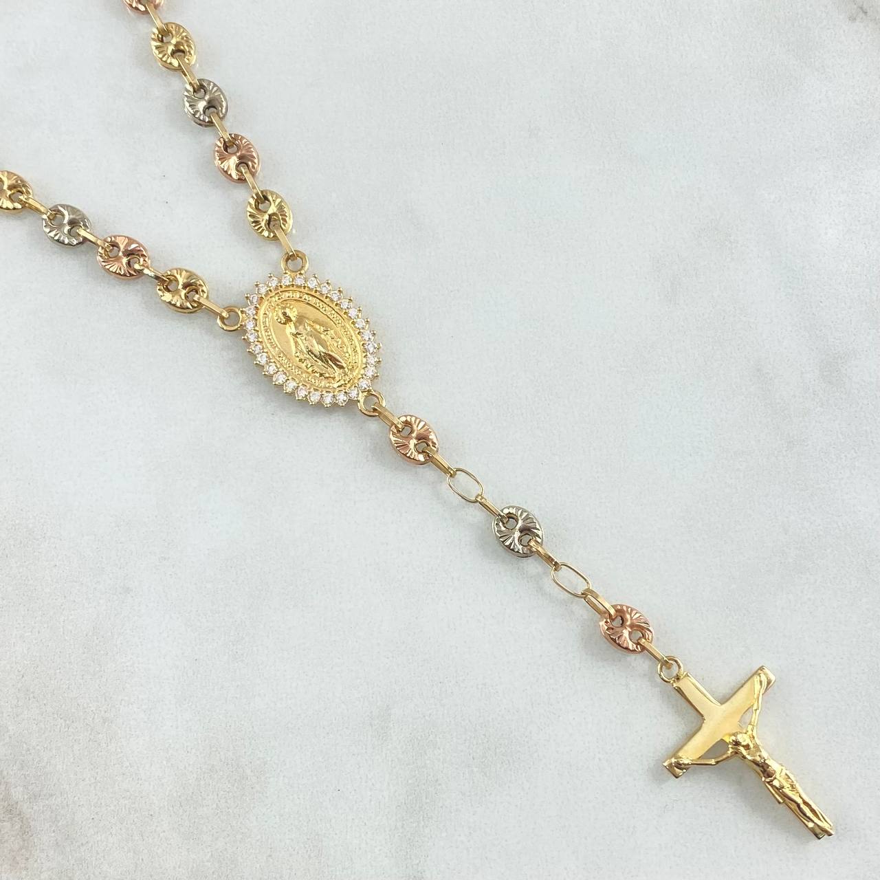 Rosario GC Virgen Milagrosa 16.1gr / 55cm / 5mm Cruz Cristo Liso Bolas Diamantadas Tres Oros 18K