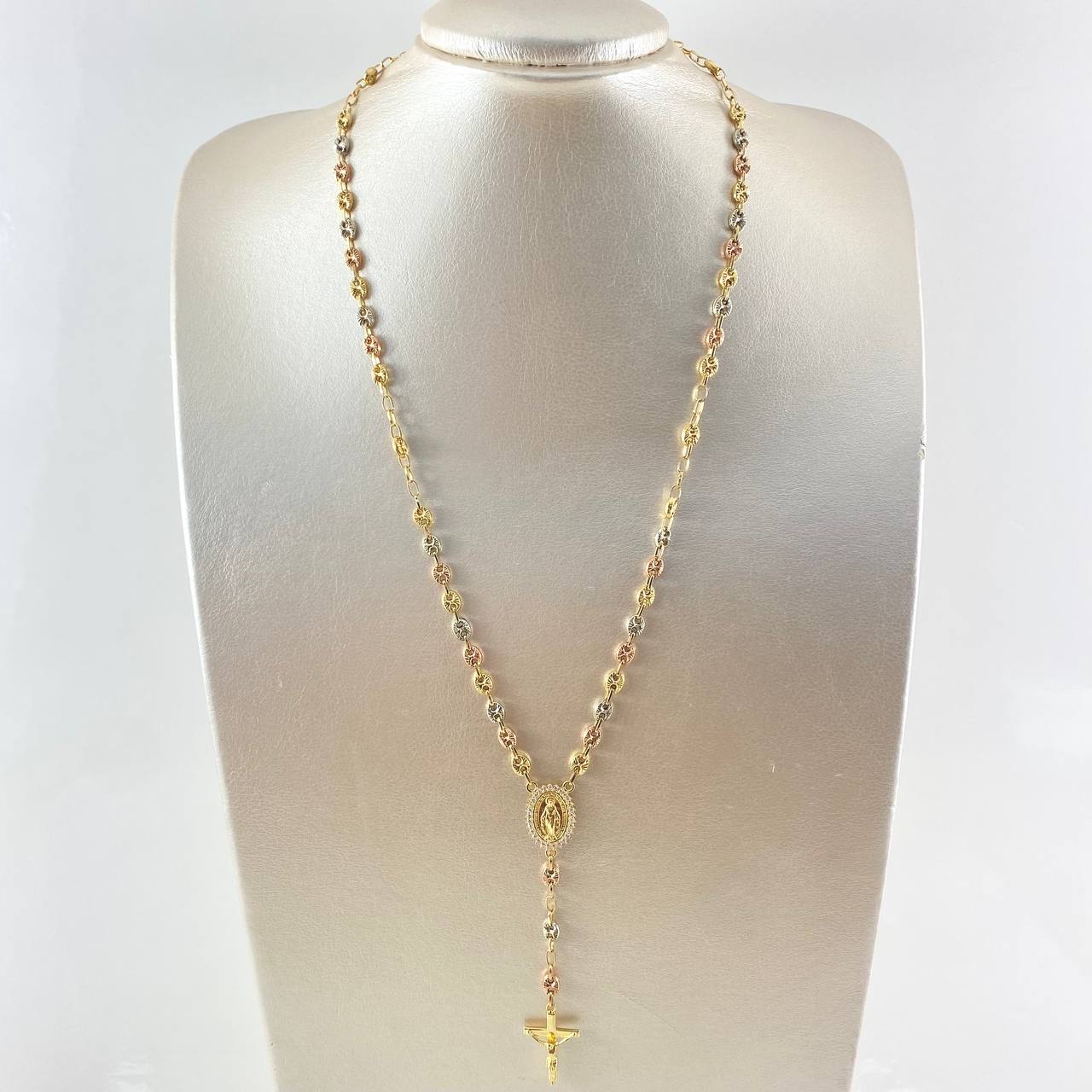 Rosario GC Virgen Milagrosa 16.1gr / 55cm / 5mm Cruz Cristo Liso Bolas Diamantadas Tres Oros 18K