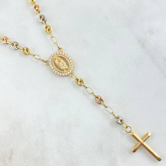 Rosario GC Virgen De Guadalupe 10.9gr / 50cm / 4.2mm Cruz Lisa Puntas Planas Bolas Diamantadas Tres Oros 18K