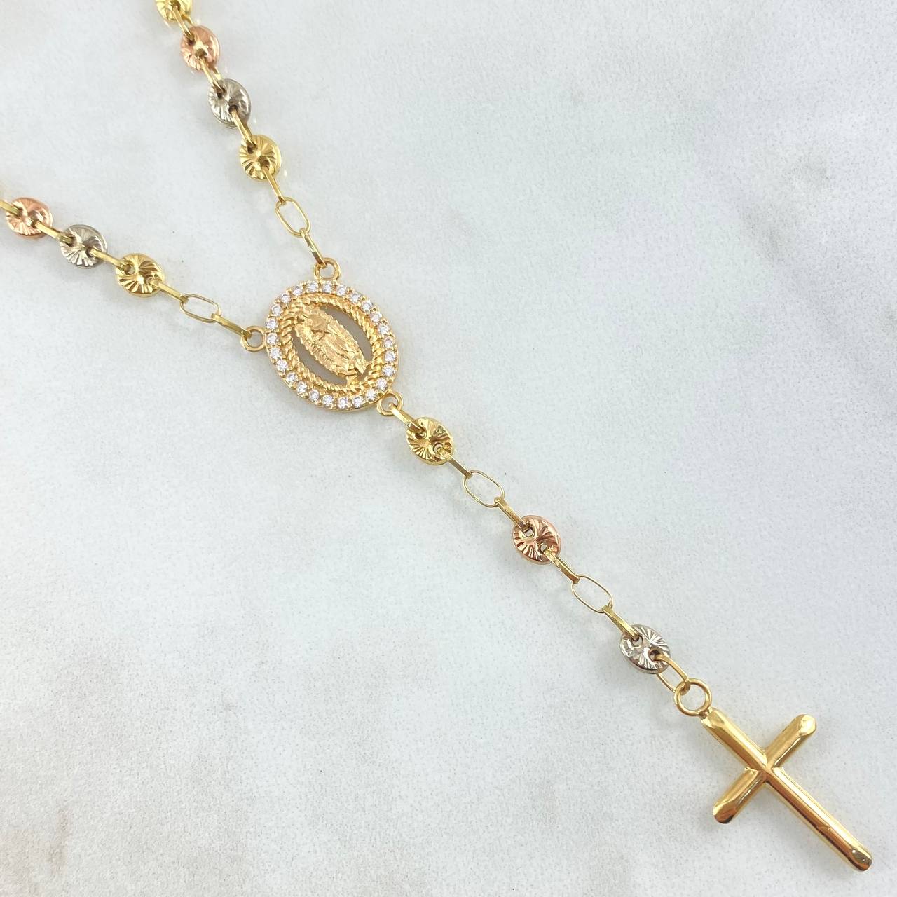 Rosario GC Virgen De Guadalupe 10.85gr / 50cm / 4.2mm Cross Polished Flat Ends Beads Diamond Cut Three 18K Golds