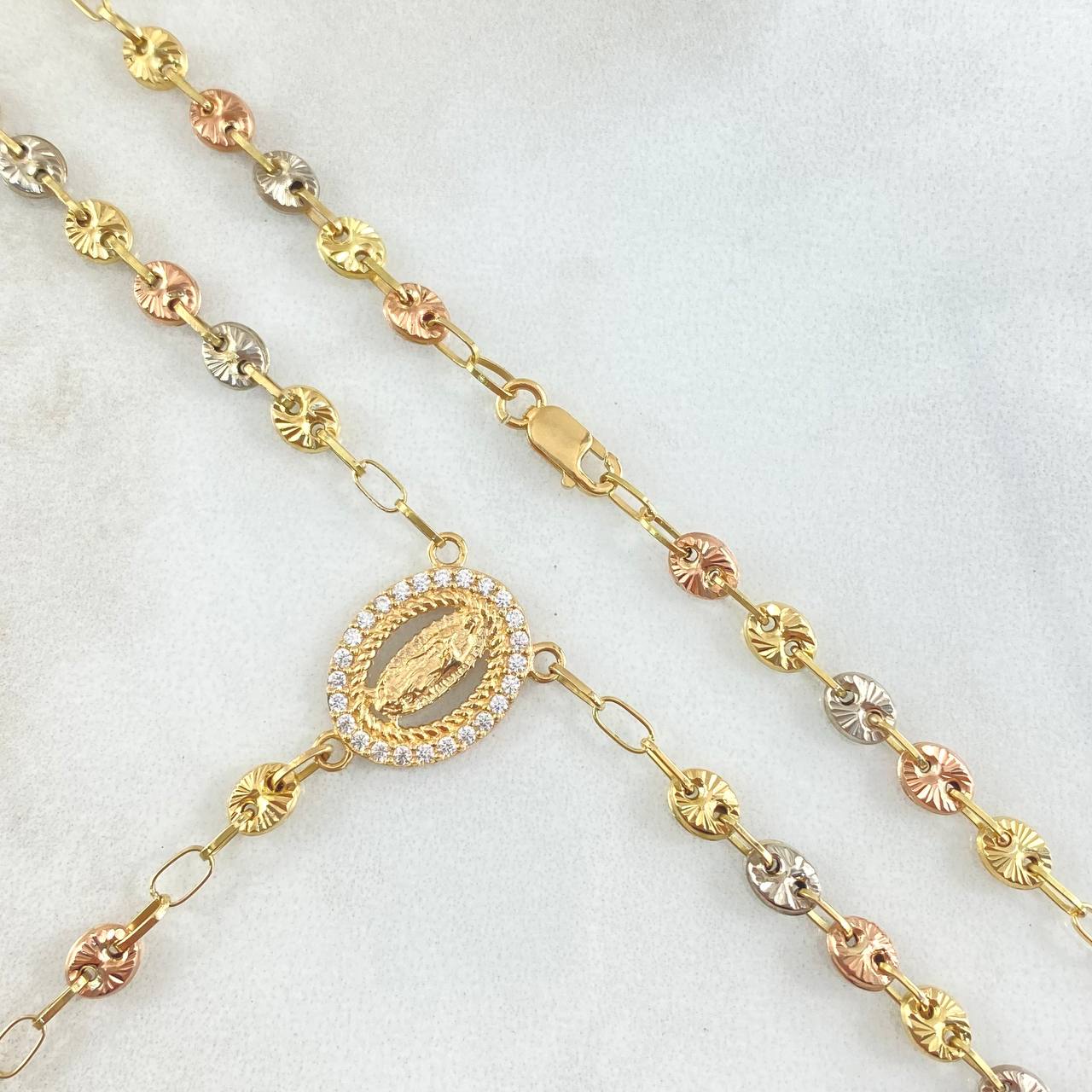 Rosary GC Virgen De Guadalupe 10.9gr / 50cm / 4.2mm Cross Polished Flat Tips Beads Diamond Cut Three 18K Golds