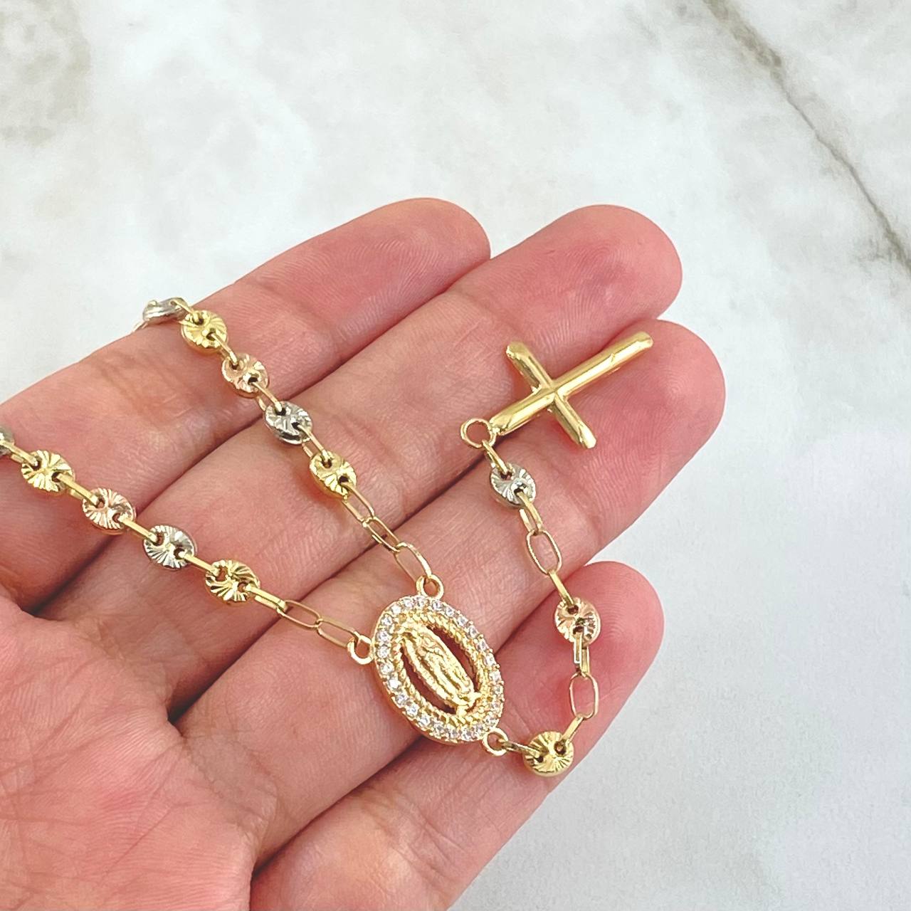 Rosary GC Virgen De Guadalupe 10.9gr / 50cm / 4.2mm Cross Polished Flat Tips Beads Diamond Cut Three 18K Golds