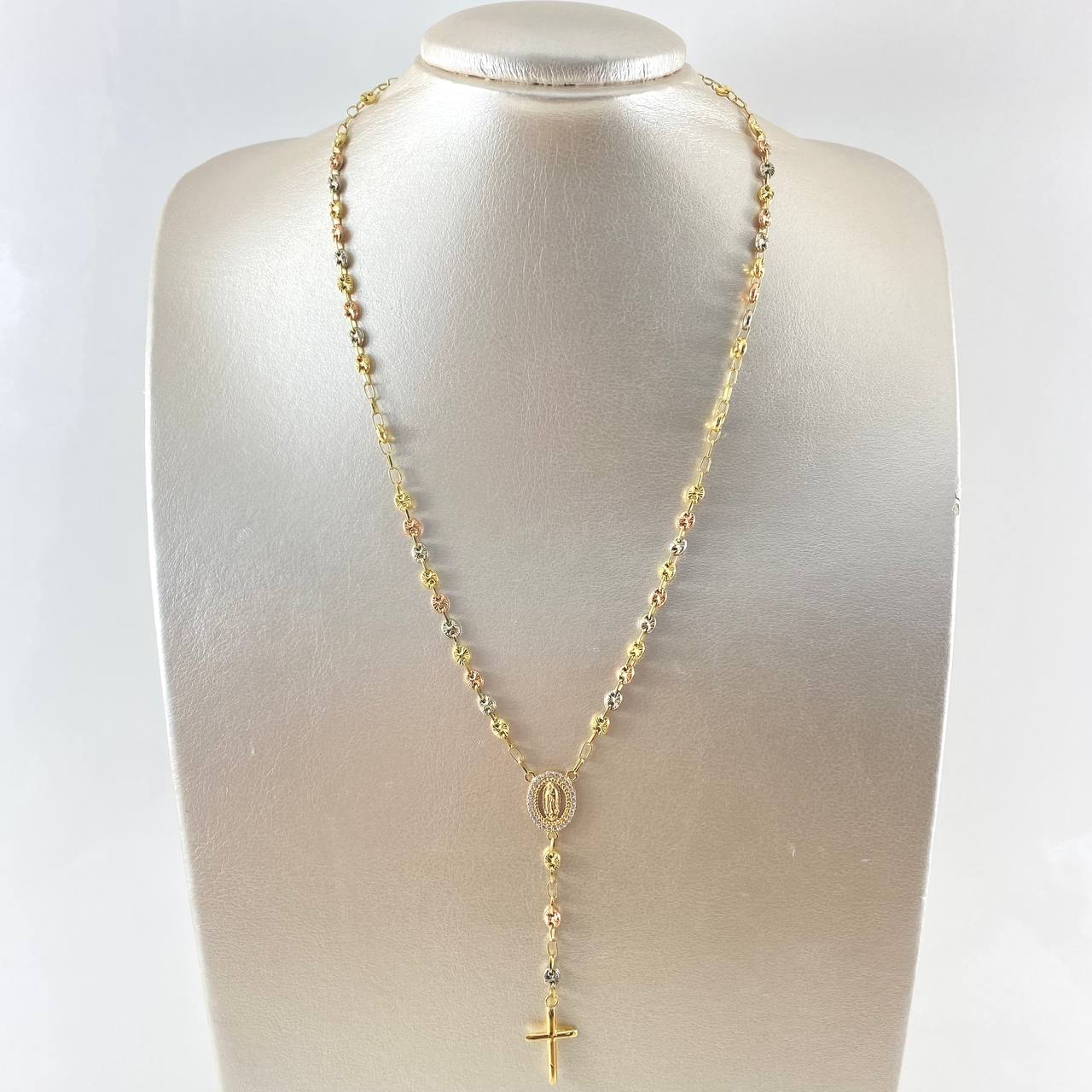 Rosary GC Virgen De Guadalupe 10.9gr / 50cm / 4.2mm Cross Polished Flat Tips Beads Diamond Cut Three 18K Golds