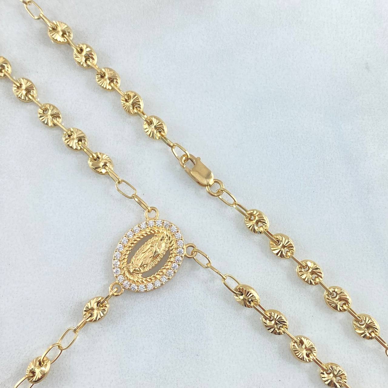 Rosario GC Virgen De Guadalupe 11.4gr / 52cm / 4.2mm Cross Polished Flat Tips Beads Diamond Cut 18K Yellow Gold