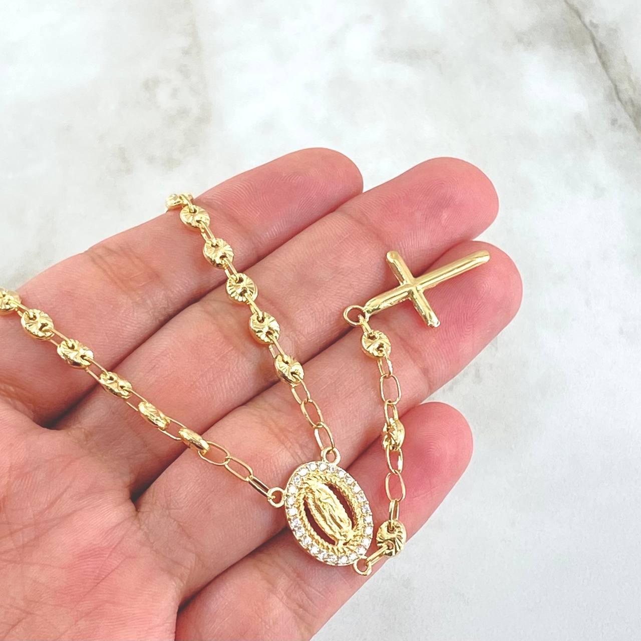 Rosario GC Virgen De Guadalupe 11.4gr / 52cm / 4.2mm Cross Polished Flat Tips Beads Diamond Cut 18K Yellow Gold