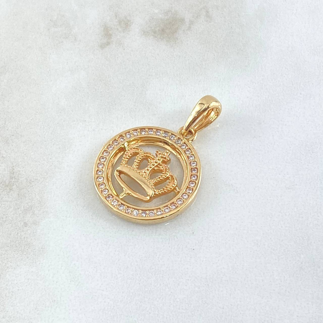 Dije Medalla Corona Real 5.9gr / 3cm / Circones Blancos Oro Amarillo 18K