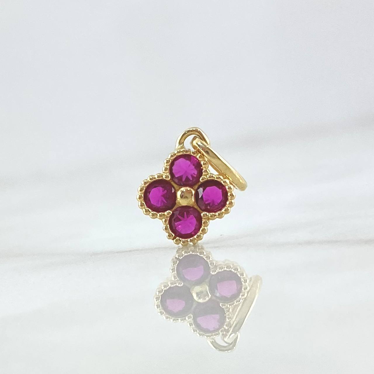 Pendant Textured Edge Flower 1.15gr / 1.5cm / Fuchsia Zircons 18K Yellow Gold ©