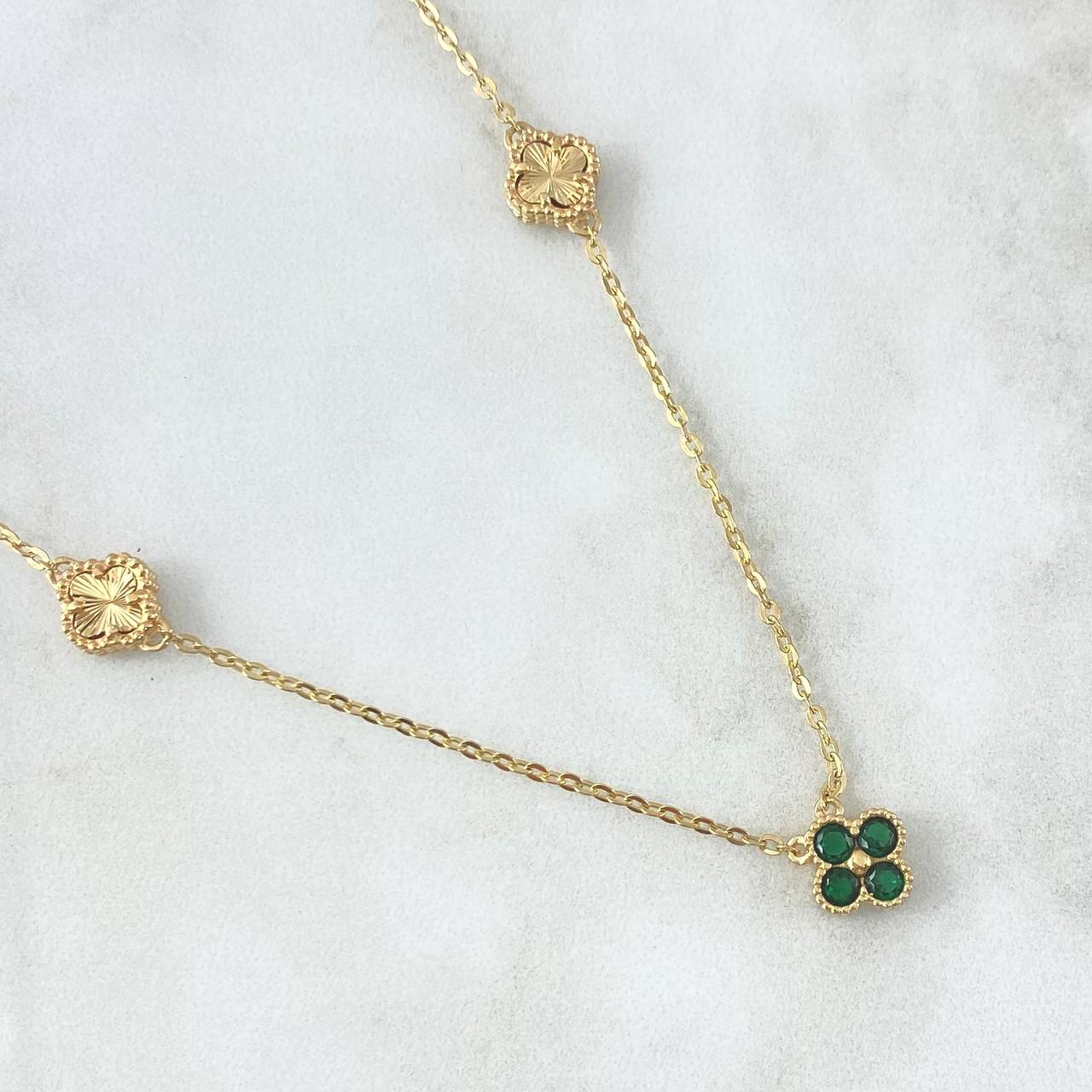 Cadena Aro Seguido Flor Trebol VCyA 6.05gr / 50cm / 1.5mm Diamantado Circones Verdes Oro Amarillo  18K *
