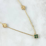 Cadena Aro Seguido Flor Trebol VCyA 6.05gr / 50cm / 1.5mm Diamantado Circones Verdes Oro Amarillo  18K *