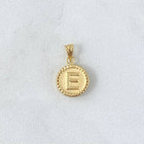 Dije Letra E Mate 0.65gr / 1.7cm / Circulo Cargador Bordeado Oro Amarillo 18K