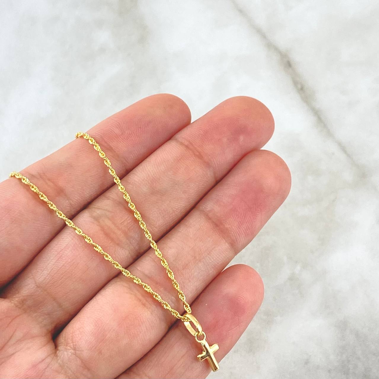Set Cadena Lazo 0.95gr / 50cm / 1.2mm + Dije Cruz 0.25gr / 1.5cm Lisa 1.2gr Oro Amarillo 18K (Oferta) *