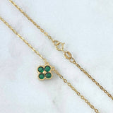 Cadena Aro Seguido Flor Trebol VCyA 6.05gr / 50cm / 1.5mm Diamantado Circones Verdes Oro Amarillo  18K *
