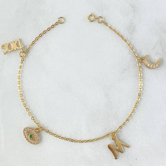 Classic Link Bracelet 2.55gr / 18cm / 1.5mm "Moon-Letter M-Turkish Eye-God" White Zircons Green Yellow Gold 18K ©
