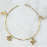 Classic Link Bracelet 2.55gr / 18cm / 1.5mm "Moon-Letter M-Turkish Eye-God" White Zircons Green Yellow Gold 18K ©