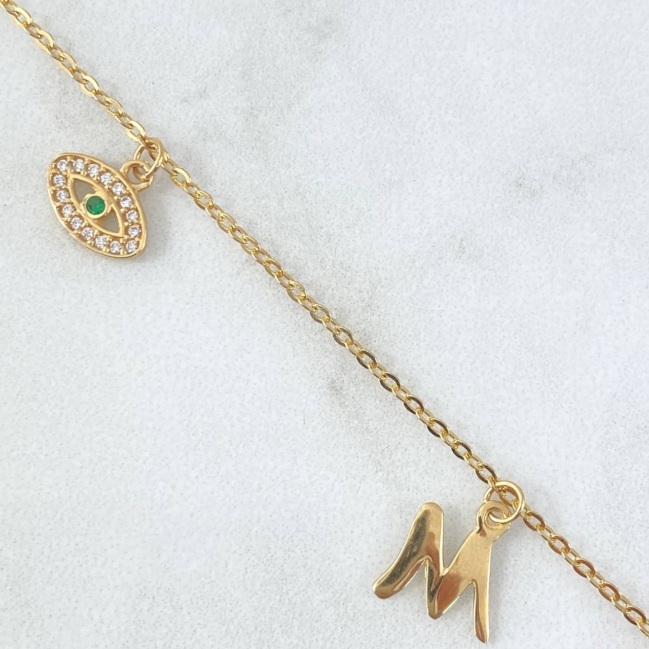 Classic Link Bracelet 2.55gr / 18cm / 1.5mm "Moon-Letter M-Turkish Eye-God" White Zircons Green Yellow Gold 18K ©