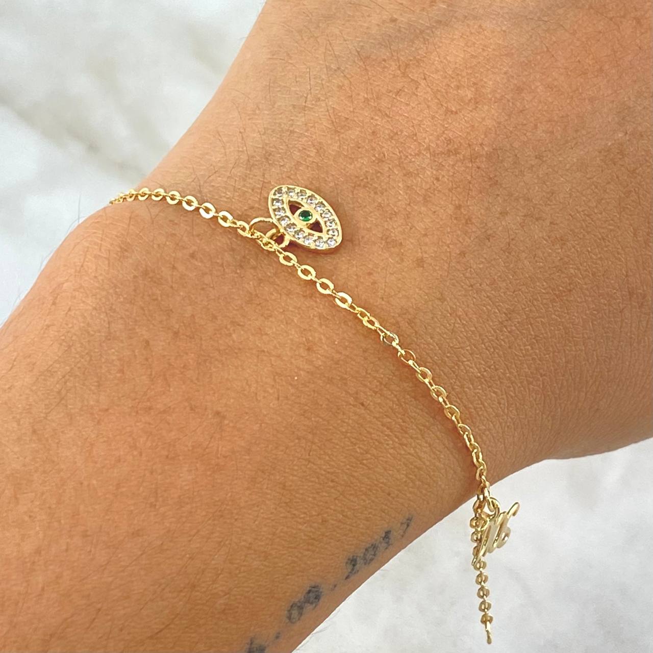 Classic Link Bracelet 2.55gr / 18cm / 1.5mm "Moon-Letter M-Turkish Eye-God" White Zircons Green Yellow Gold 18K ©