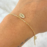Classic Link Bracelet 2.55gr / 18cm / 1.5mm "Moon-Letter M-Turkish Eye-God" White Zircons Green Yellow Gold 18K ©