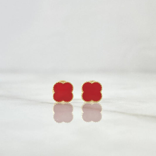 Stud Earrings Clover 0.85gr / 6mm Dotted Edge Red Resin 18K Yellow Gold ©