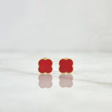 Stud Earrings Clover 0.85gr / 6mm Dotted Edge Red Resin 18K Yellow Gold ©