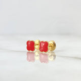 Stud Earrings Clover 0.75gr / 6mm Dotted Edge Red Resin 18K Yellow Gold