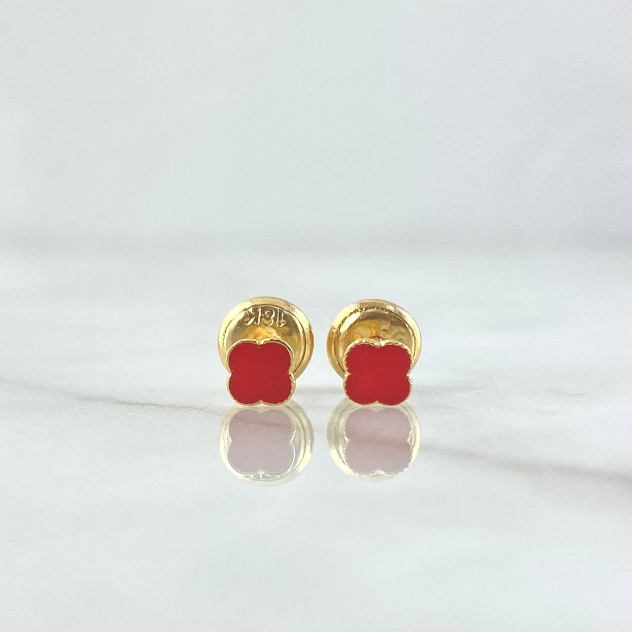 Stud Earrings Clover 0.55gr / 4mm Dotted Edge Red Resin 18K Yellow Gold