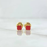 Stud Earrings Clover 0.55gr / 4mm Dotted Edge Red Resin 18K Yellow Gold