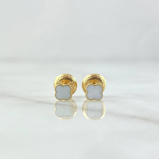 Stud Earrings Clover 0.55gr / 4mm Dotted Edge White Resin 18K Yellow Gold