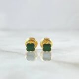 Stud Earrings Clover 0.55gr / 4mm Dotted Edge Green Resin 18K Yellow Gold ©