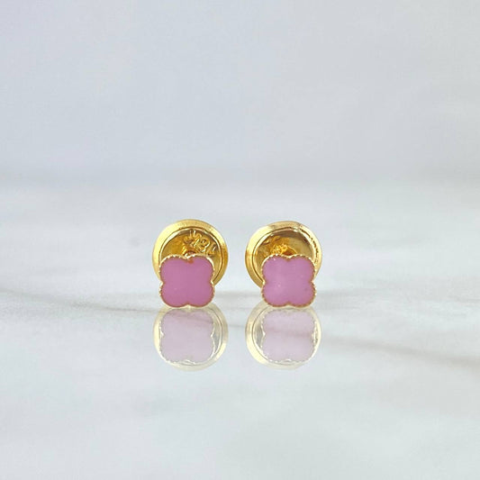 Stud Earrings Clover 0.55gr / 4mm Dotted Edge Pink Resin 18K Yellow Gold ©