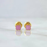 Stud Earrings Clover 0.55gr / 4mm Dotted Edge Pink Resin 18K Yellow Gold ©