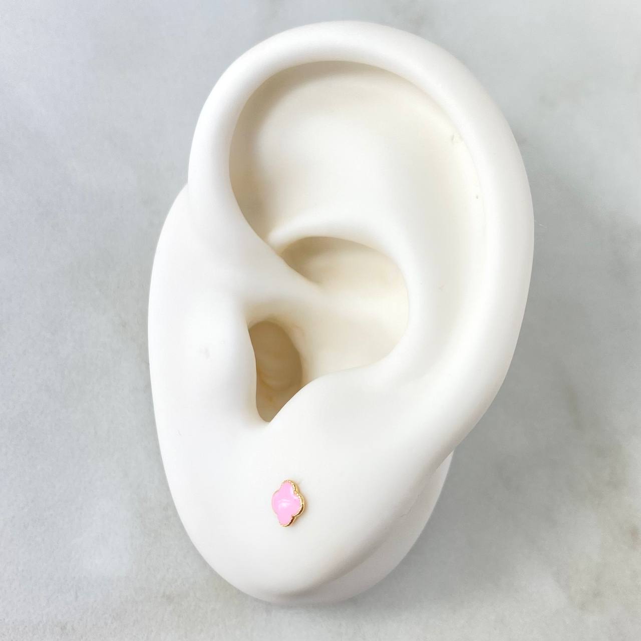 Stud Earrings Clover 0.55gr / 4mm Dotted Edge Pink Resin 18K Yellow Gold *