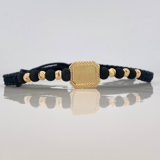Pulsera Tejida Negra Placa Cuadrada Bolas Diamantadas Oro Amarillo 18K