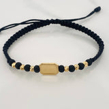 Pulsera Tejida Negra Placa Cuadrada Bolas Diamantadas Oro Amarillo 18K