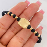 Pulsera Tejida Negra Placa Cuadrada Bolas Diamantadas Oro Amarillo 18K