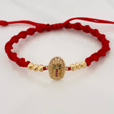 Pulsera Tejida Roja Virgen Guadalupe Bolas Diamantadas Oro Amarillo 18K