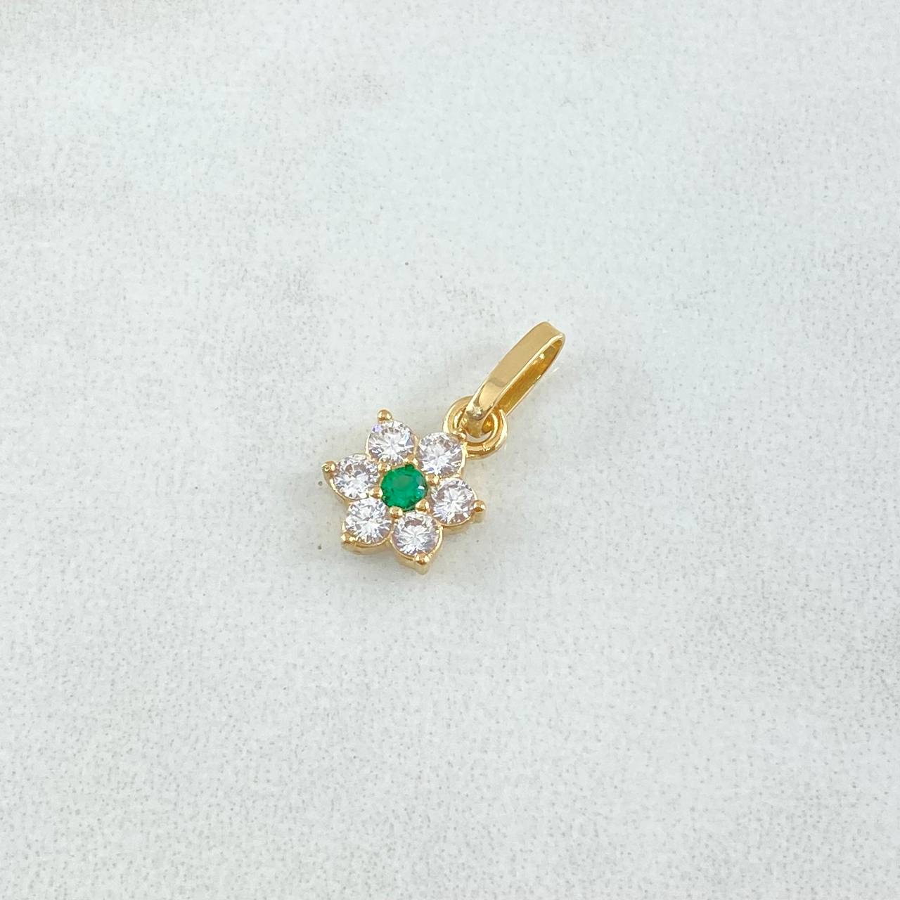 Dije Flor Nevada 0.85gr / 1.5cm / Circones Blancos Verdes Oro Amarillo 18K ©