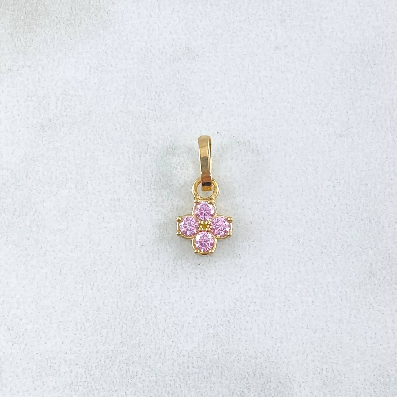 Dije Flor Cuatro Petalos 0.65gr / 1.5cm / Circones Rosados Oro Amarillo 18K ©